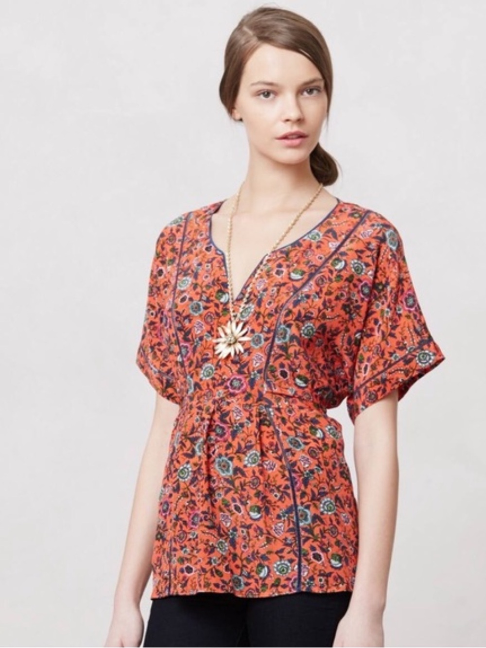 Anthropologie Maeve Maes Silk Floral Kimono Blouse Sz Small Tie Back Tunic Top